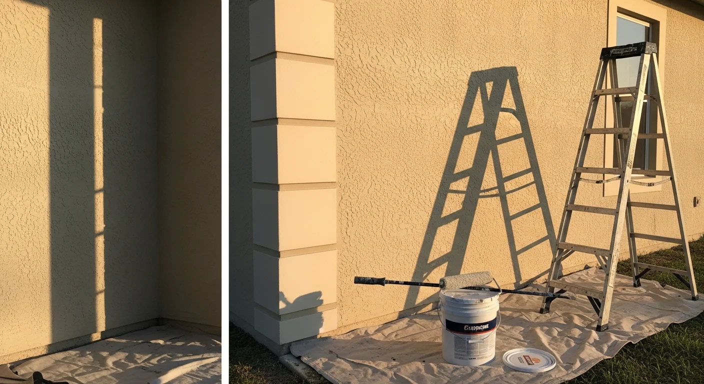 A freshly painted single-story stucco home exterior in Manatee County, Florida, with clean trim lines and no visible mildew or peeling. The coastal residential setting shows a clear blue sky and mature landscaping typical of Bradenton-area neighborhoods.