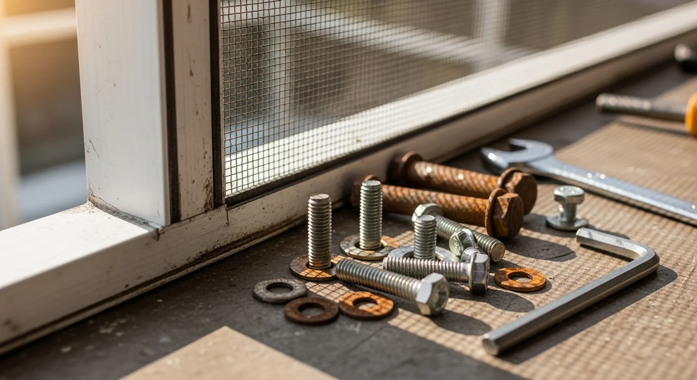 Close-up of a screen enclosure frame corner on a Manatee County pool cage showing newly installed corrosion-resistant fasteners replacing rusted hardware. The aluminum frame joint is clean and secure against a backdrop of a screened lanai and Florida sky.