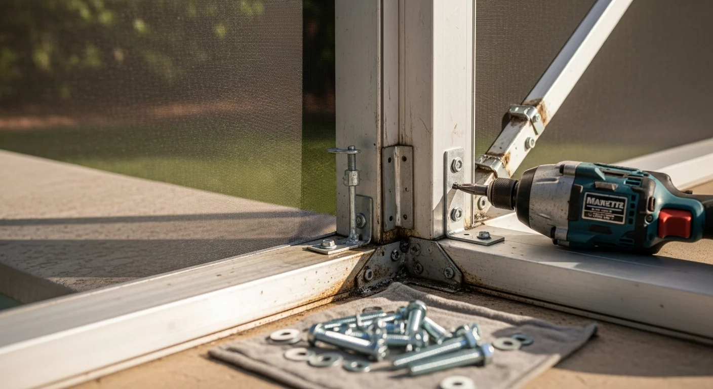 A technician reinforcing the corner joint of an aluminum screen enclosure frame on a residential lanai in Manatee County, Florida. The frame shows restored alignment with new fasteners secured at the anchor point near the concrete slab.