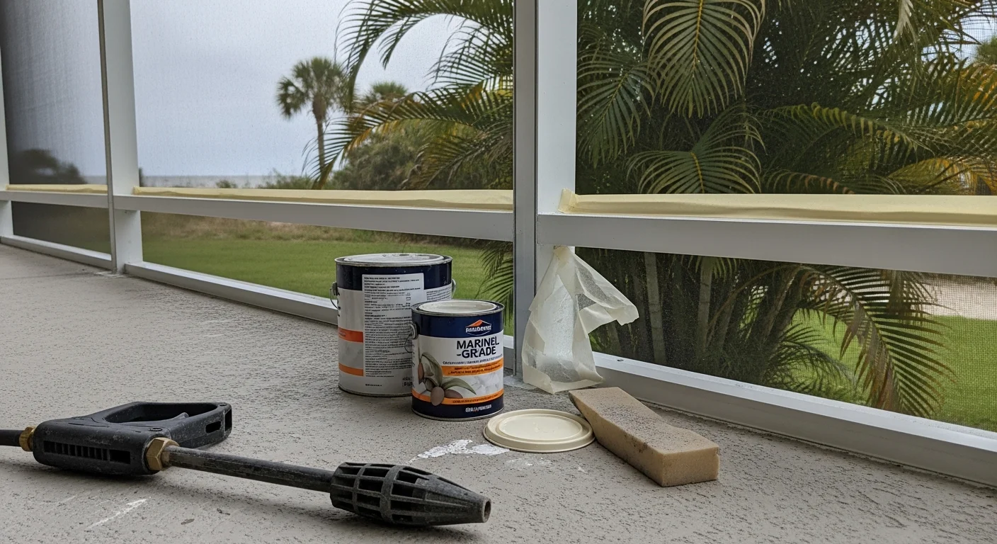 A freshly painted white aluminum lanai frame on a single-story Manatee County home, showing clean joints and no rust streaks. The enclosure surrounds a backyard pool with screen panels intact and the frame finish uniform across all beams.