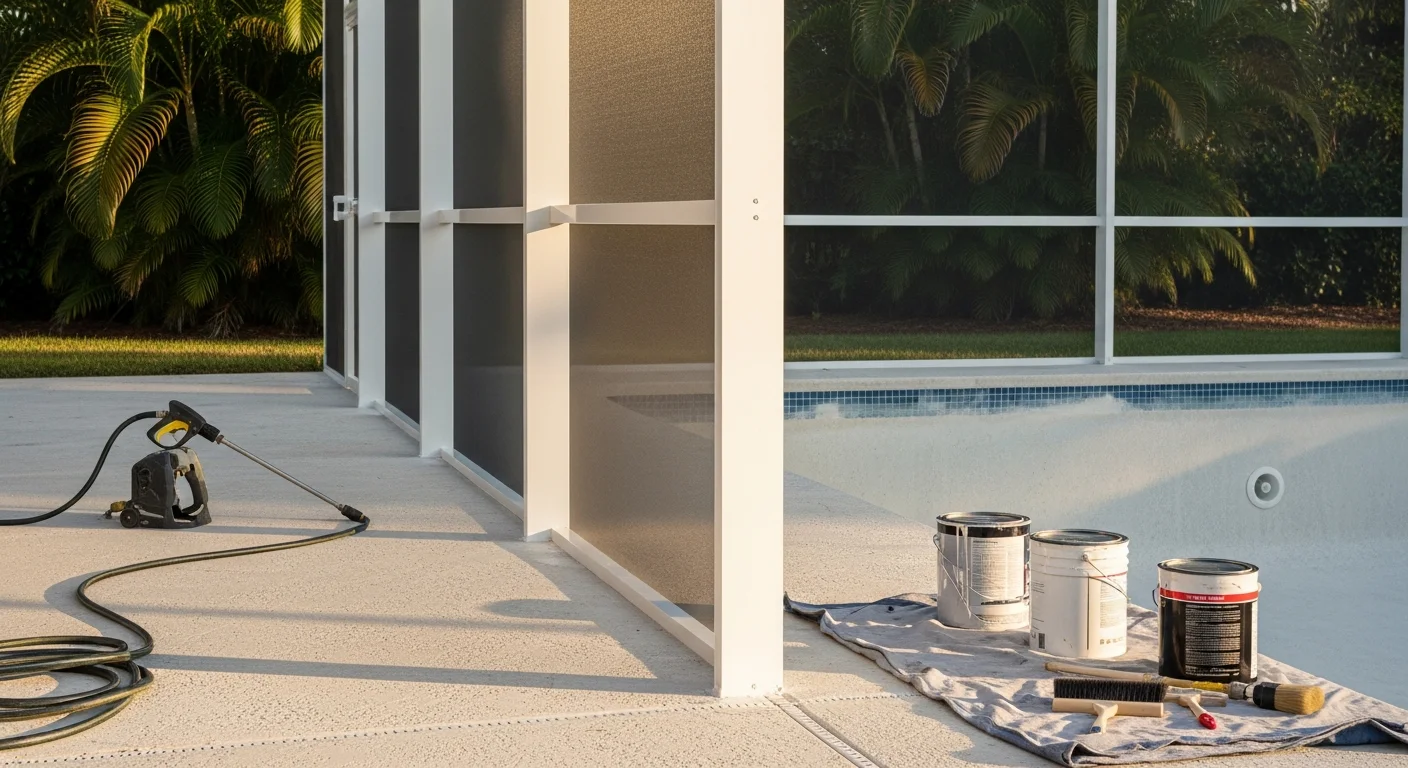 A freshly painted aluminum pool cage enclosure at a Manatee County home, showing a clean, uniform dark bronze finish on the frame with a screened pool area visible behind it. The frame shows no signs of oxidation, chalking, or rust streaks after professional pool cage painting service.