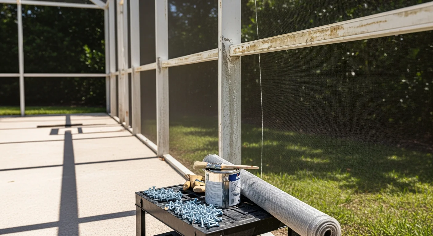 Restored pool cage enclosure at a Manatee County home showing clean aluminum framing, taut screen panels, and a clear view of the pool area. Fresh paint on the frame and new screen mesh replace the faded and torn sections visible before restoration.