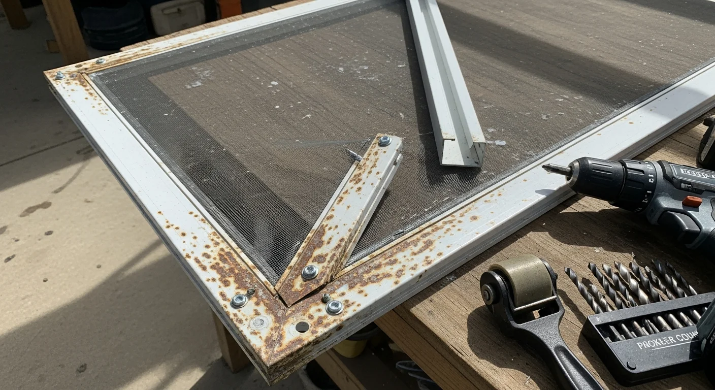 A repaired aluminum screen frame on a pool cage lanai in Manatee County, Florida, showing straight frame sections and taut screen mesh after professional frame restoration. Close-up view of a corner joint with new fasteners and seated spline on a screened patio enclosure.